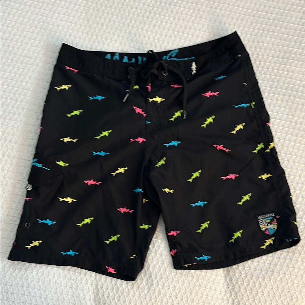 Maui & Sons Black Swim Shorts with Colorful Shark Print 32